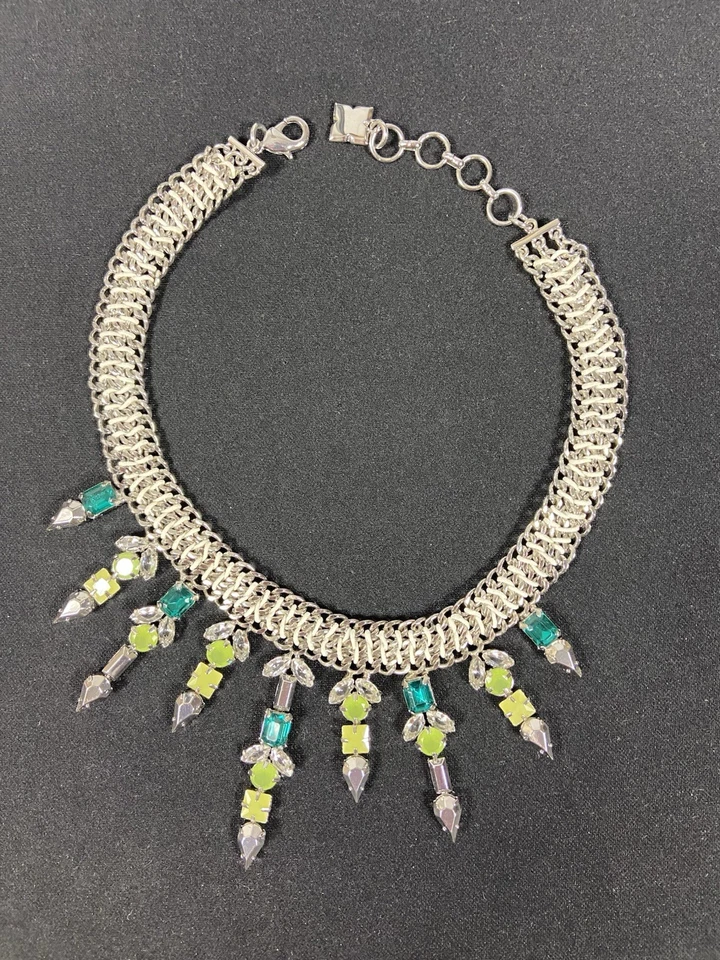 BCBG MAXAZRIA Silver Chain & Peridot Green Teardrop Rhinestone Fringe Necklace - Image 1 of 4