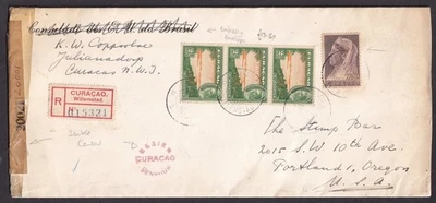 Curazao Segunda Guerra Mundial 1944 doble censura cubierta registrada a EE. UU. Foto 1 de 2