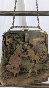 Vtg 50's Antique Tapestry Purse Victorian COURTING COUPLE Kiss Lock Chain Bag - Picture 1 of 15