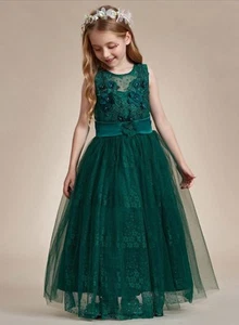 ELPHARINA Floral Tulle Applique Princess Flower Girl Dress Satin Back Green 7/8 - Picture 1 of 24