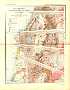 Coos Bay Coal Fields Oregon – Structural Geology Lithograph Map USGS 1899 - Picture 1 of 1