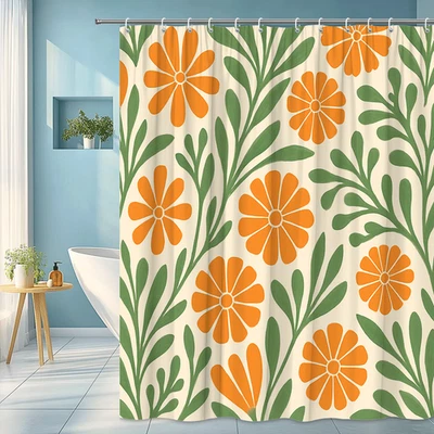 Cortina de ducha floral naranja y verde para decoración de baño Foto 1 de 4