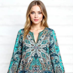Sundance Womens Silk Paisley Tunic Top Sz Medium Spring Boho Peasant Hippie READ - Picture 1 of 18