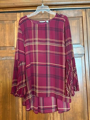 Top tejido estampado Susan Graver con mangas plisadas talla 16 rojo/dorado/negro/gris Foto 1 de 4