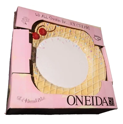 ONEIDA 冰淇淋锥形板 8 英寸圆形手绘樱桃洒 4 件套 — 第 1/4 张图片