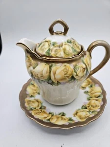 VTG. Bavaria Porcelain Single Serve Teapot with Saucer Yellow Rose Pattern - Picture 1 of 10