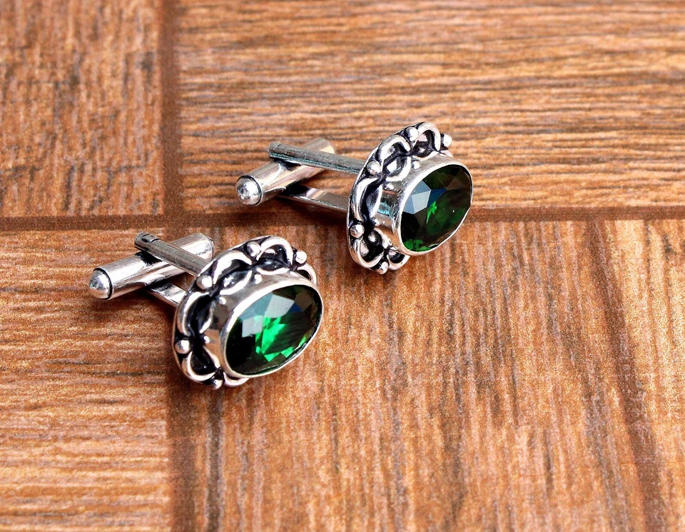 Chrome Diopside Gemstone Handmade 925 Sterling Silver Jewelry Cufflink - Image 1 of 1
