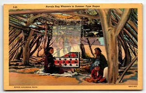 Postcard Navajo Rug Weavers in Summer Type Hogan Arizona AZ UNP Linen - Picture 1 of 2