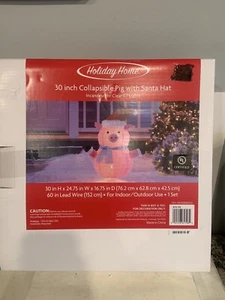 Holiday Home Lighted Christmas Pig W/Santa Hat Collapsible 30” RARE NIB Retired - Picture 1 of 22
