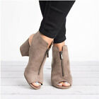 Women Ankle Boots Faux Suede Casual Open Peep Toe Block High Heels Zipper Shoes