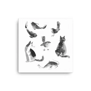 JapaneAbstract Art Painting Cat Bird Fish Wall Hanging Framed Canvas Home Decor - Picture 1 of 1