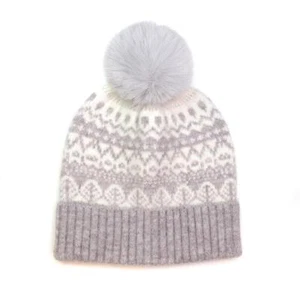 Womens Bobble Hat Ladies Winter Grey Fair Isle Pattern Warm One Size - Picture 1 of 1