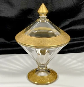 RARE Gold Encrusted Floral Blown Optic Glass Covered Candy Compote Dish 7 1/2" - Picture 1 of 18