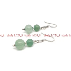 6mm-8mm Pretty Natural Green Aventurine Gemstone Round Beads Drop Hook Earrings - Picture 1 of 12