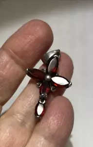 Vintage Sterling Silver 925 Red Garnet Marquise Garnet Marcasite Cross Pendant - Picture 1 of 7