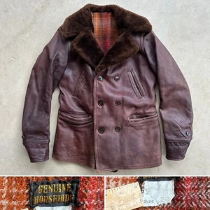 1930s Vtg Horsehide Leather Barnstormer Car Coat Jacket Mouton Shadow Plaid X-S - Picture 1 of 24