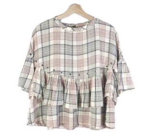ZARA Multi Check Grommet Ruffle Top Short Sleeves Crew Neck Sz S - Picture 1 of 10