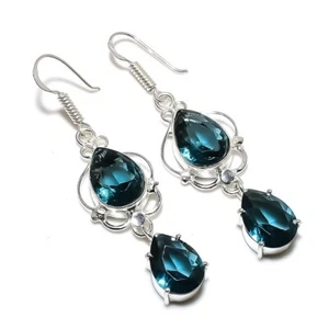 London Blue Topaz Gemstone Handmade 925 Sterling Silver Jewelry Earring Sz 2.25" - Picture 1 of 1