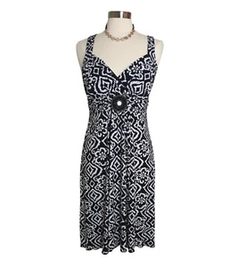 Womens Sleeveless Midi Dress 12 Black & White Geometric Beaded Accent Stretch - Picture 1 of 6