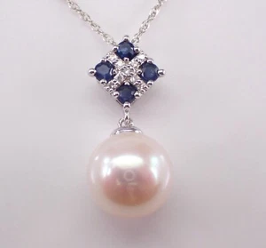 White Gold Pearl Sapphire and Diamond Necklace Charm Pendant Chain - Picture 1 of 5