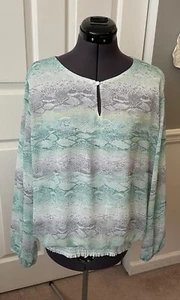 ALFRED DUNNER Green Gray Snake Print Elastic Bubble Hem Long Slv Blouse Top XL - Picture 1 of 6