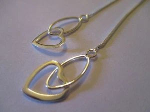 Sterling Silver 925 Floating Heart Ear Threads Chain Drop 3.3" Earrings OHET - Picture 1 of 5