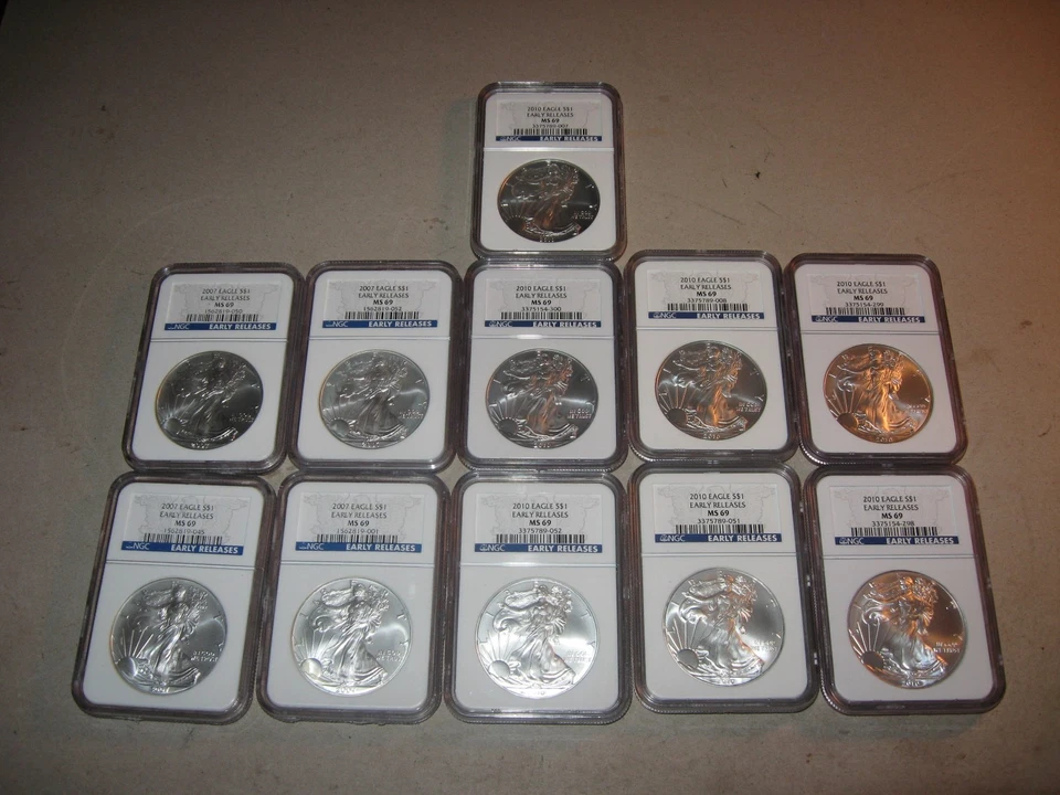 Lote de 11 American Silver Eagles de Estados Unidos todos NGC MS69 2007 y 2010 de distribuidor Foto 1 de 1