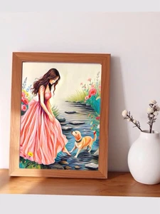 Original Painting Signed Art Print “Testing The Water” Woman Stream Dog 8x10 - Picture 1 of 2