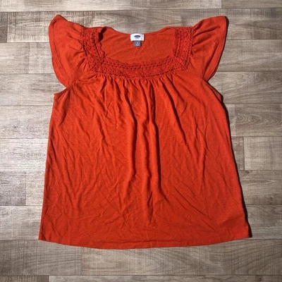 Old Navy Womens Top L Red Short Sleeve Flutter Square Neck Lace Linen Blend - Image 1 of 4
