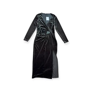 Zara Green Velvet Maxi Dress Poly Blend Size XL Poly Blend Dark Khaki Leg Slit - Picture 1 of 10