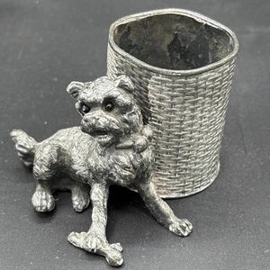 Porta stuzzicadenti piatto argento vittoriano James W ciuffi - cane accanto al cestino 1800 - Foto 1 di 4