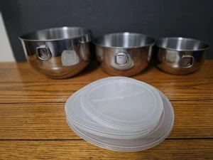 VINTAGE FARBERWARE STAINLESS STEEL 3 PIECE BOWL SET WITH LIDS - Picture 1 of 8