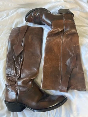 Botas de Equitação Masculinas Vintage Olathe Couro Joelho Alto 10 E Marrom EUA - Imagem 1 de 4