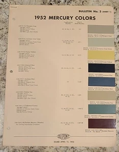 1952 Mercury Color Chip Sample Sheet - Dupont - Issued 15th, 1952 - Bild 1 von 3