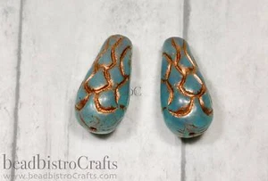 2pcs Dragon Scale Drop Bead - Large Czech Pressed Glass Focal Bead - Milky Blue - Picture 1 of 10