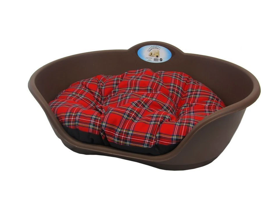 Heavy Duty BROWN Pet Bed With RED TARTAN Cushion UK MADE Dog Or Cat Basket - image 1 of 1