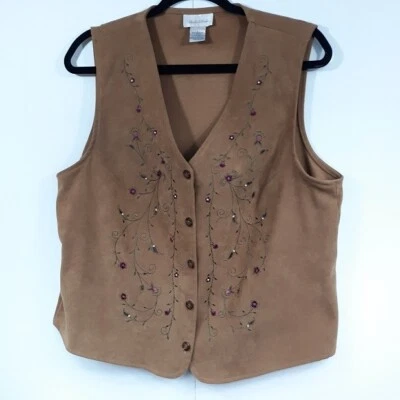 Studio Works VEST Women's Large EUC Soft Tan Faux Suede Floral Embroidery Beads - Image 1 of 4