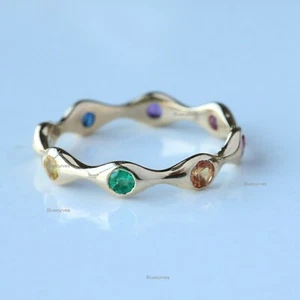 Multi Sapphire Distance Swirl Band Solid in 14k Yellow Gold Ring Fine Jewelry - Picture 1 of 8