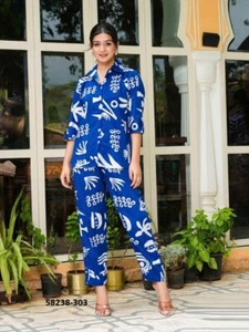 Indian Stitched Blue Printed Co-ord Set Rayon Dress Top Pants for Women - Picture 1 of 5