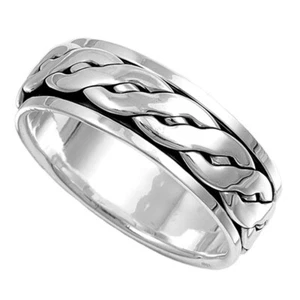 Men 8mm 925 Sterling Silver right hand Band Braided Spinner Ring / Gift Box - Picture 1 of 4