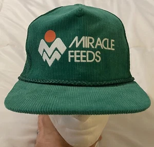 Vintage 80s Miracle Feed Green Corduroy Trucker Hat Cap Mesh Rope SnapBack - Picture 1 of 7