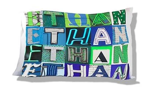 Personalisierter Kissenbezug Ethan mit Fotos von BLAU & GRÜN Zeichenbuchstaben - Bild 1 von 1