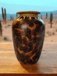 Vintage Native American Style Pottery Vase Brown Clay & Rattan Weave Lip Gift EC - Picture 1 of 8