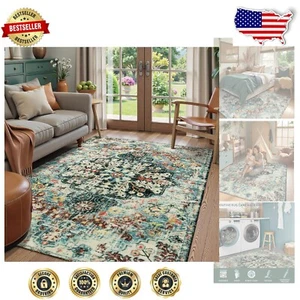 Bohemian Floral Medallion 5x7 Area Rug - Soft, Washable Teal for Living Spaces - Picture 1 of 11