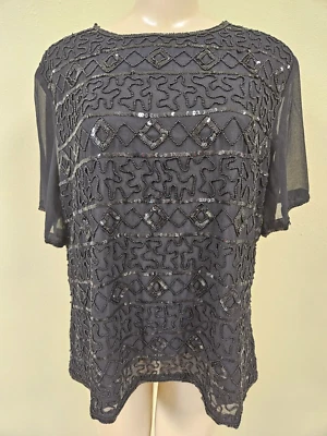Jennifer Moore Sequin Evening Top Black Silk Blend Short Sleeve 1X NWT - Image 1 of 4