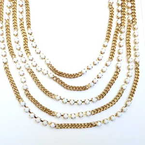 Susan Graver Multi Strand Chain Necklace Layered Goldtone White Faceted Beads - Picture 1 of 2