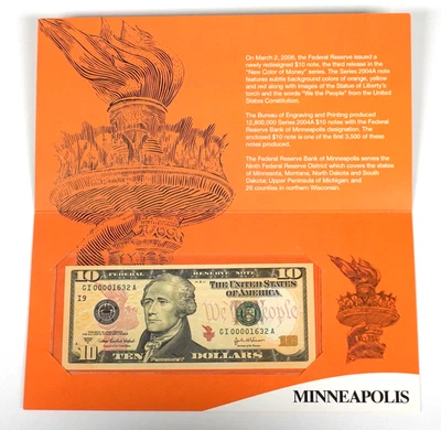 SERIES 2004A $10 SINGLE NOTE, MINNEAPOLIS DISTRICT IN BEP FOLDER GI00001632A - Image 1 of 3