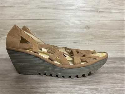 Fly London Wedge Sandals Women 41 10 M Yadi Shoes Tan Leather Platform - Image 1 of 4