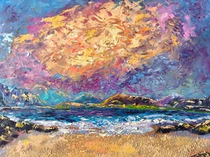 Original Kunst Ölgemälde Hawaii Meer Landschaft Kunstwerk auf Platte 12x14 Zoll - Bild 1 von 24
