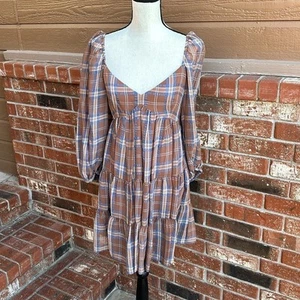 Gianni Bini Lyla Plaid Sweatheart Square Neck 3/4 Sleeve Tiered A-Line Dress S - Picture 1 of 10